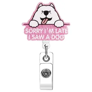 A retractable name tag buckle Badge Reels with a cartoon dog image, equipped with a telescopic structure and a metal clip, can be used to hang name tags and is suitable for scenarios where people love dogs and pursue a fun style. Retractable Badge Holder