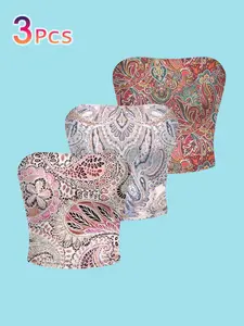 Boho Paisley Tube Top Set, 3-Piece Slim-Fit Casual Wear, All-Over Print, Yoga & Vacation Innerwear, Ethnic Style, All Seasons