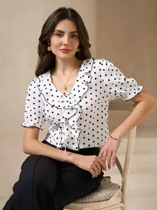 Women's Polka Dot Vneck Colorblock Bubble Sleeve Shirt Blouse, Ruffle Button Front, Spring Summer Fashion, Elegant Casual Button Up Everyday Party Travel Top