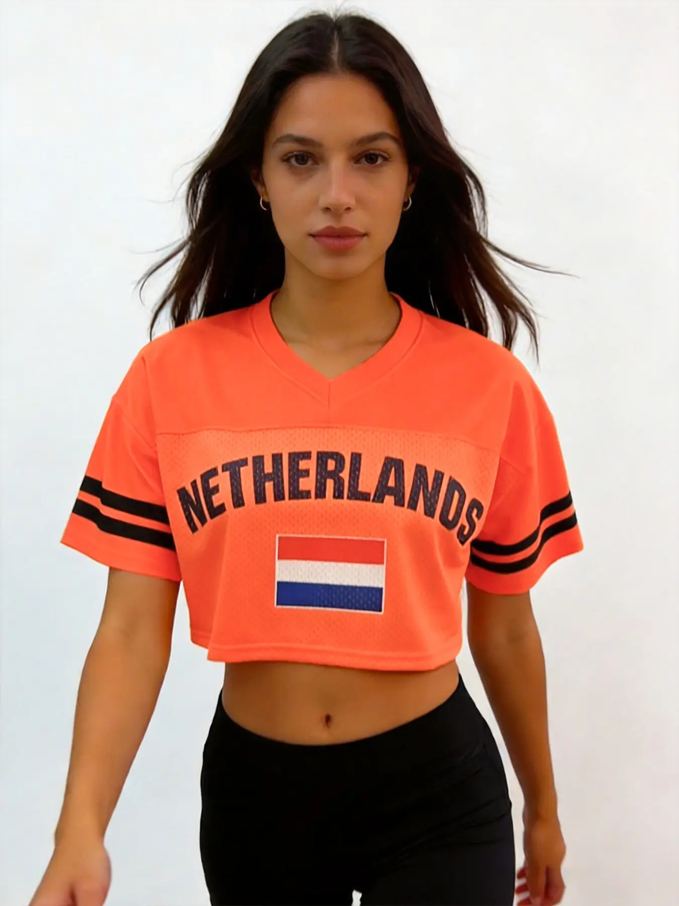 Women's Netherlands Cropped Football Jersey, Short Sleeve Jersey, Orange V-Neck Mesh Crop Top, Breathable Sports Top, Dutch National Team Soccer Fan Shirt for Game Day, Breathable Athletic Top, Sportswear For Summer