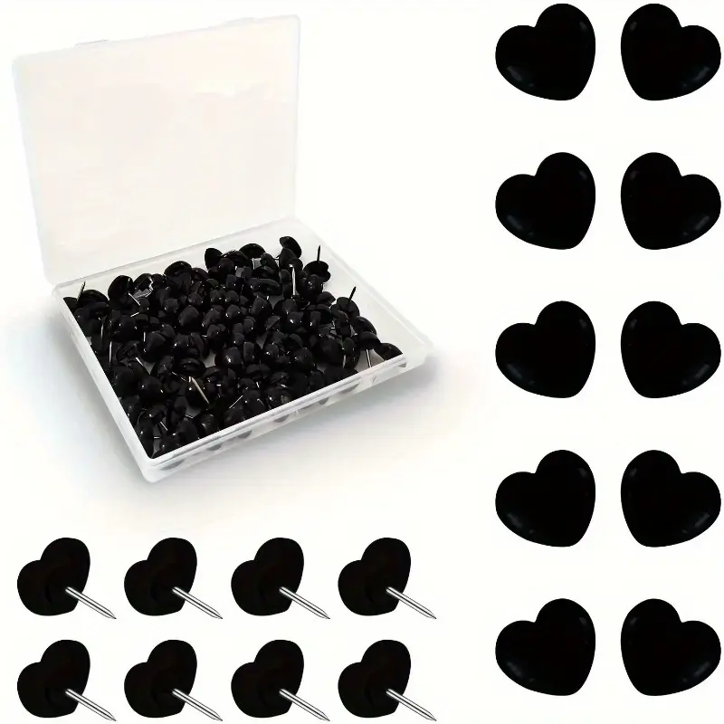 Durable Steel 50pcs Heart-Shaped Push Pins - Black Thumbnails with Plastic Hearts for Photo Walls, Posters, Greeting Cards, Maps, Decoration & Decorative Use