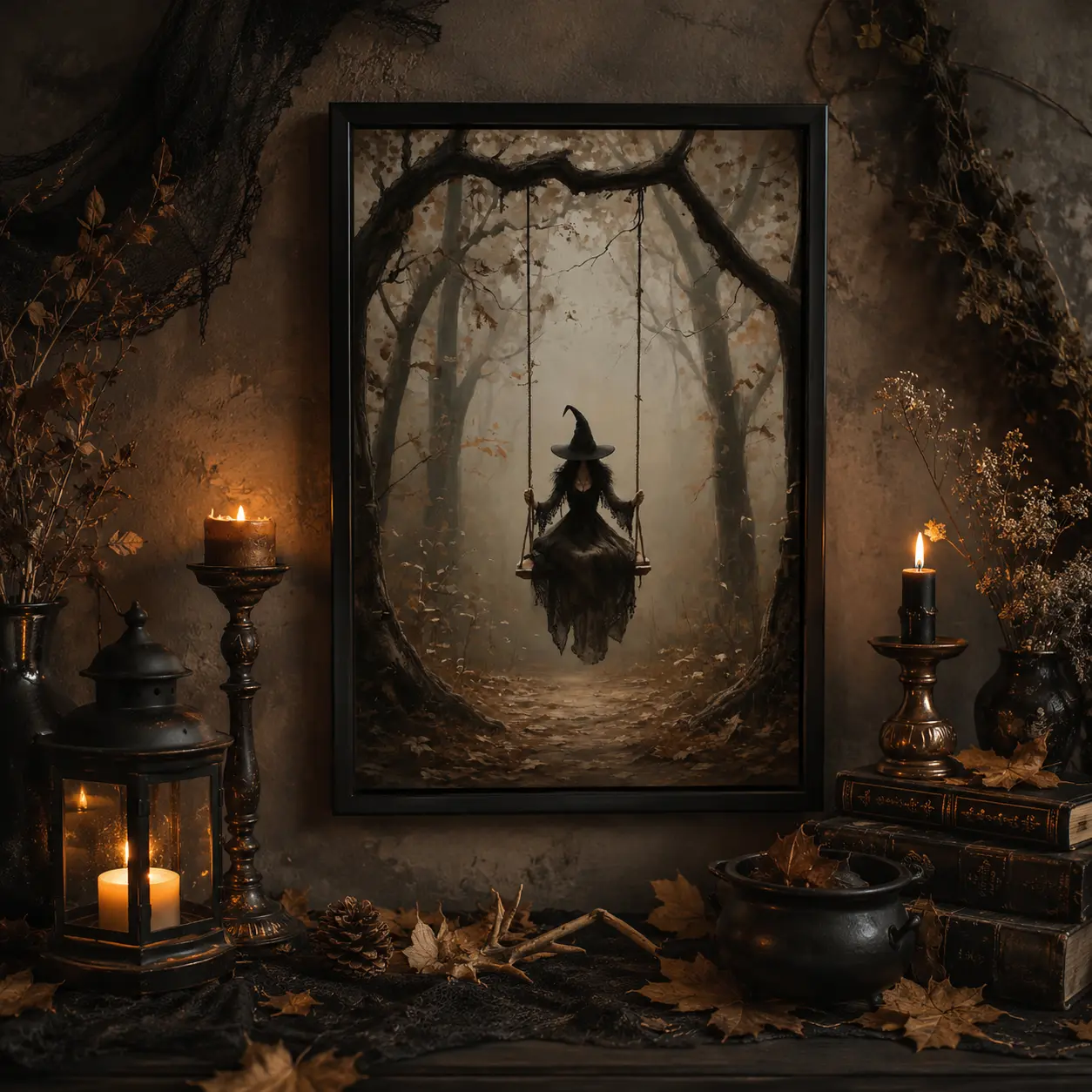 Vintage Dark Gothic Witch-on-Swing Canvas Wall Art, Mysterious Autumn Forest Painting, Halloween Spooky Home Decor Poster for Living Room Bedroom, Wall Decor