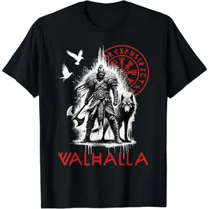 Valhalla  Wolf and Raven Viking Runes Norse Compass T-Shirt Warrior Culture T shirt Retro Pattern Men Crewneck Cotton Tee Top