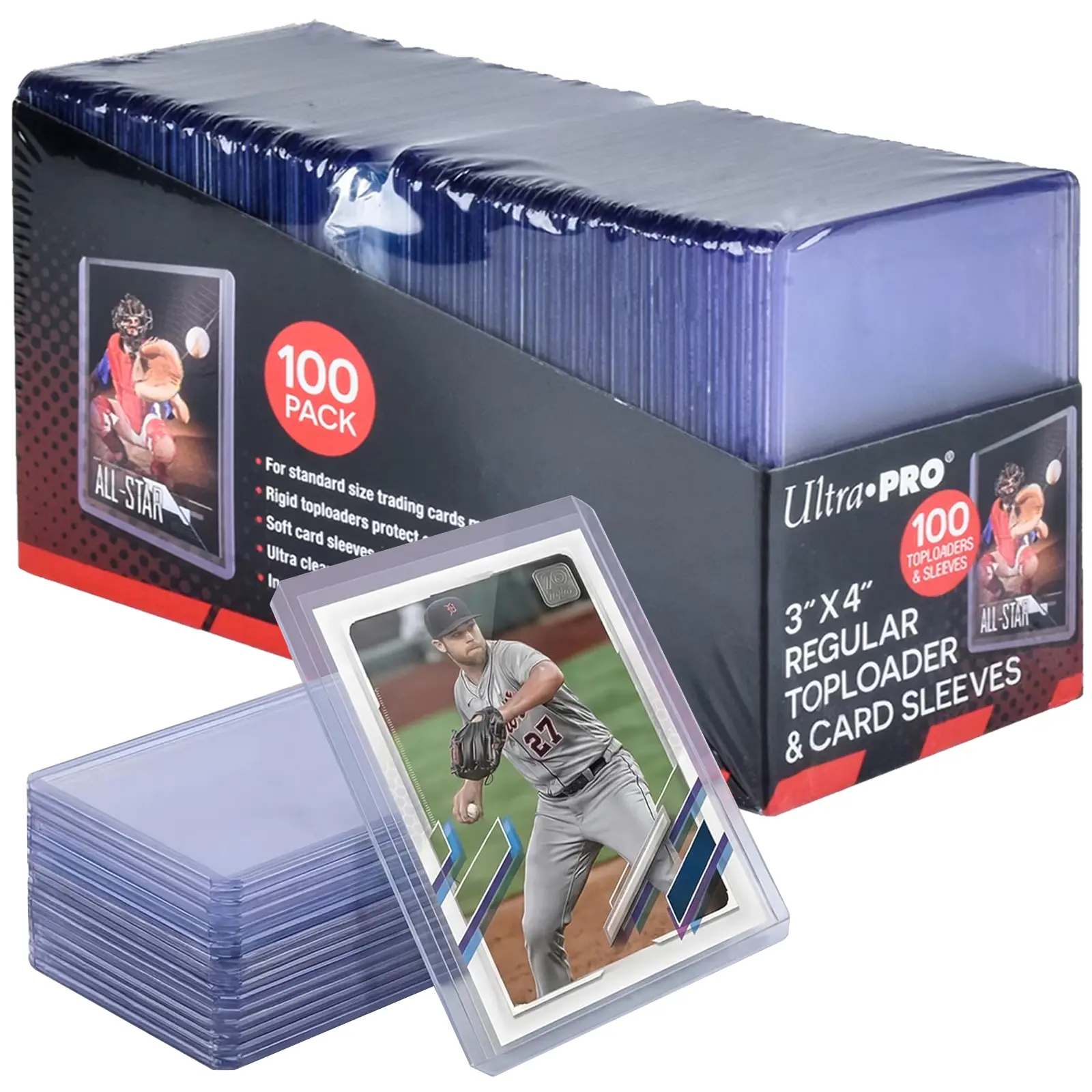Ultra pro Top loaders 35pt 3 "X 4", baseball card protective case hard plastic, used with trading card sports card holder, suitable for collection, football, basketball, and TGG(100 Toploads + 100 Sleeves)