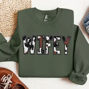Wifey Cow Print Sweatshirt, Western Farm Style Wifey Shirt, Cute Wife Gift, Country Cowhide Crewneck for Women