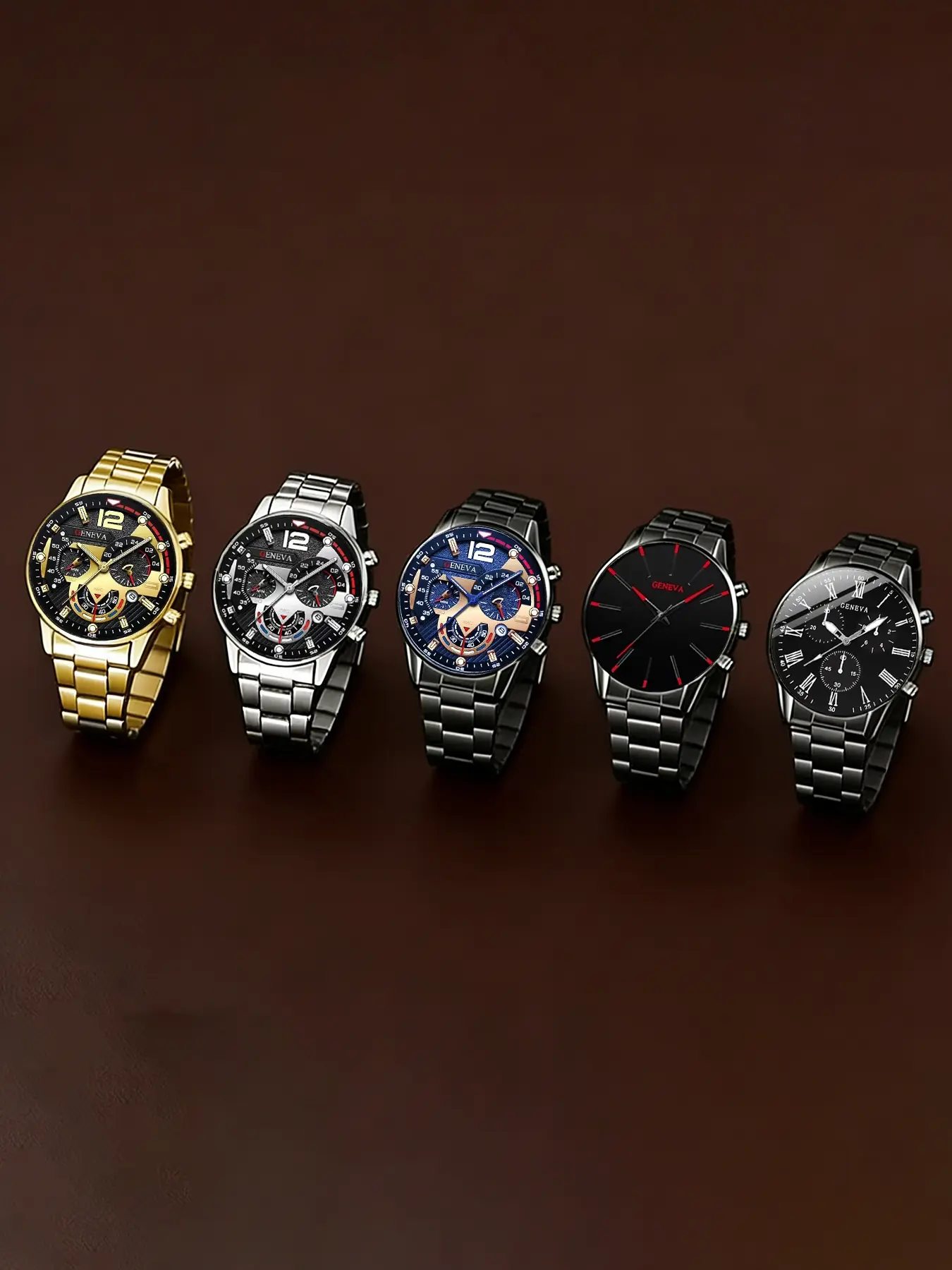 A set of 5 men's quartz watches with a Classic Round Dial, Analog Quartz Watch and a classic circular dial with date display, perfect for back to school gifts. Multiple combinations to choose from, making it an excellent gift choice Quartz Wrist Watches