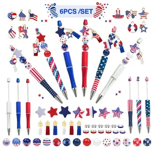 Independence Day themed DIY Beaded Pen Set, 6 Counts/set DIY Wood Beaded Pen&Star&Glitter Pendant&American Flag, Independence Day creative themed stationery, perfect office and study stationery, and holiday gifts, Art Pen, Novelty Pens