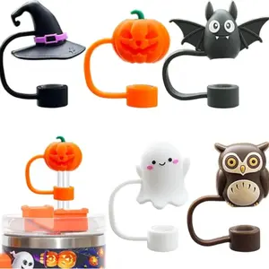 Halloween Theme Straw Set, 3D Silicone Straws Caps, Reusable Food Grade Straw Covers, Cute Ghost Bat Owl Witch Hat Pumpkin Designs
