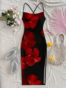Tropical Floral Print Long Dress, Sexy Summer Vacation Style, Hawaiian Check Dress, Fashionable for Outdoor Events