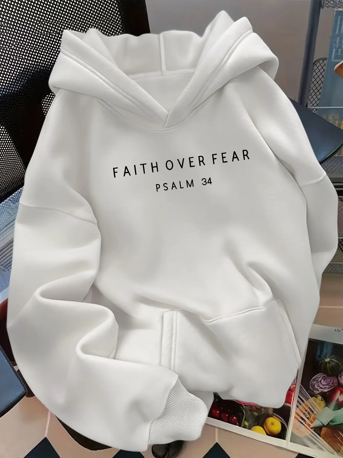 Faith Over Fear Psalm 34 Minimalist Christian Graphic Hoodie 100% Cotton Unisex Oversized Pullover Sweatshirt Simple Front Text Print