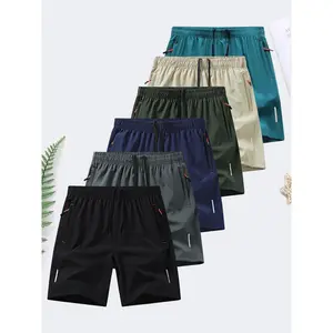 6-piece set, men's zipper pocket shorts, summer ice silk beach shorts, ice-sense quick-dry sports casual pants, basketball shorts thin, plus-size men's clothing reflective strip design,  Menswear,Plain Trouser,suitable for running and fitness.Beige