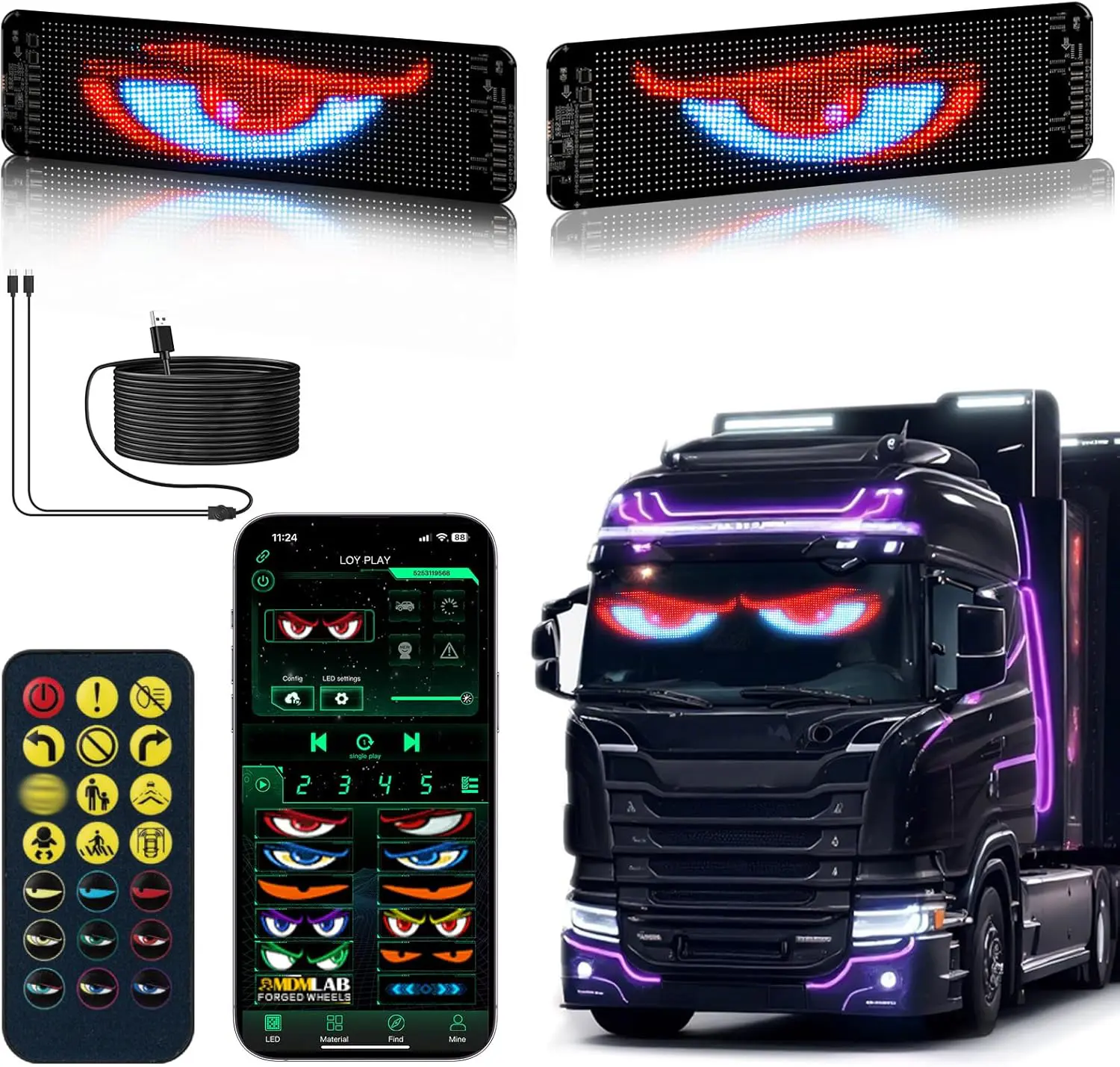 Gelrova Dual-Panel Devil Eyes Light LED Car Windshield Display 2-Pack 14"x4" Programmable Matrix USB Power Remote App Control Custom Text GIFs for Car SUVs Trucks Vehicle Car Decals Car Accessories
