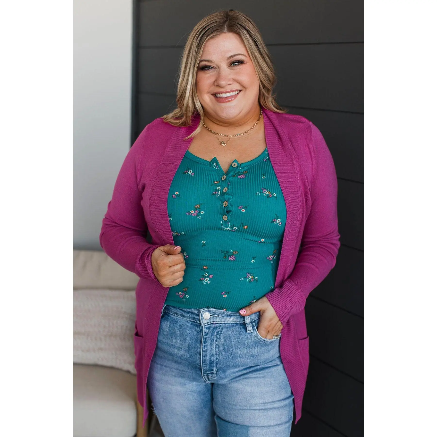 Women's Comfortable Ribbed Knit Cardigan - Fuchsia, Stylish Fit, Premium Nylon Fabric, Long Sleeves, Lightweight, Pockets, Casual Style, 2XL Women's Knit Top