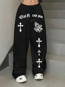 Women's Cross & Letter Print Drawstring Waist Sweatpants, Casual Jogger Pants for Daily Wear, Ladies Bottoms for Summer, Printed Sweatpants