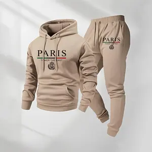 Men's Parisian Letter Pattern Print Hoodie & Drawstring Sweatpants Set Casual Athletic Long Sleeve Hooded Jacket & Trousers for Fall Winter Sportswear Indoor Outdoor Tracksuit Athleisure