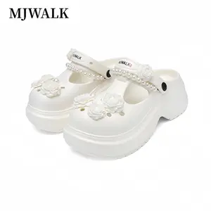 [MJWALK]Mary Jane Platform Clogs,Detachable Pearl Floral Charms,Y2K Coquette Floral Pearl Slides,2.5" Height Boost & Non-Slip,Breathable Quick-Drying,Perfect for Summer Vacation,Beach,Walking,Daily Wear