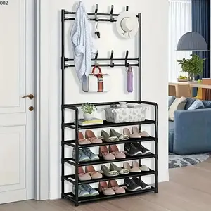 5-Layer Metal Stable Shoe Rack Organizer, Freestanding Plastic Home Storage Holder, Space-Saving for Hallway Entryway, Holds Clothes, Jackets, Hats, Bags, Umbrellas, Convertible to Coat Rack, 20-25 Kg Capacity