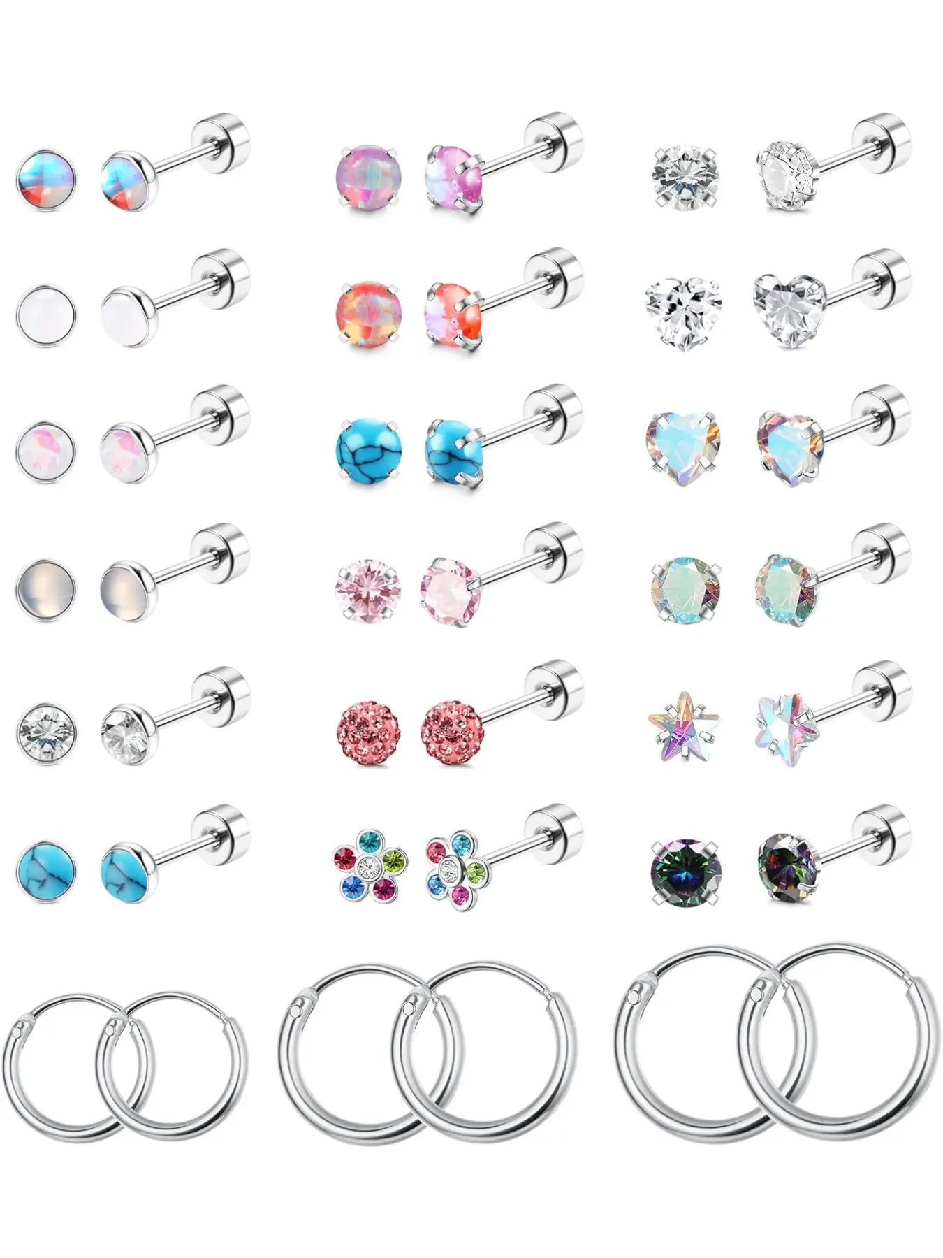 21Pairs Flat Back Earrings for Women 20G Tiny  Steel Flatback Stud Earrings Small CZ Opal Moonstone Screwback Earrings Hoop Set Stackable Earrings Multicolored Earring Stacking Set