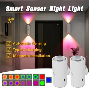 USB Rechargeable Smart LED Motion Sensor Night Light - RGB Gradient Dimmable Ambient Wall Lamp, Magnetic & Adhesive Step Light, Auto-On Detection, Long-Lasting Battery, No Outlet Needed Lighting for Bedroom, Bathroom, Stairs, Hallway, Desk & Entryway