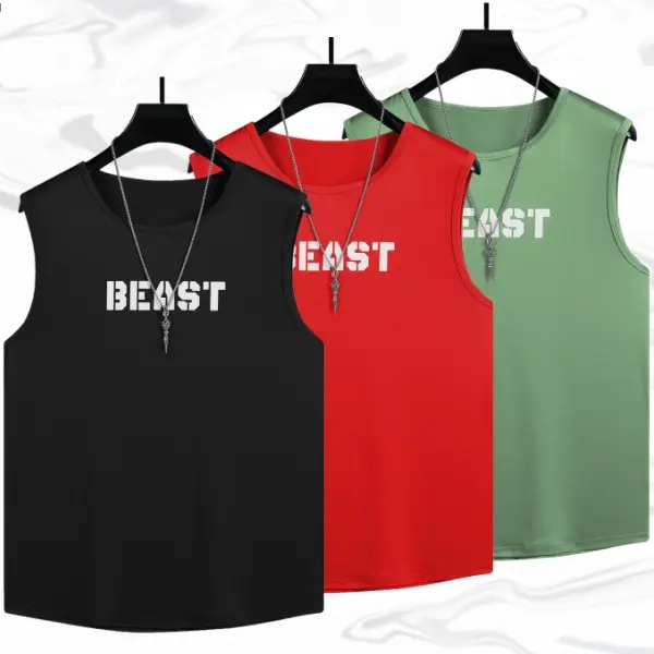Three sleeveless tops for men, featuring a trendy fashion style. The "BEAST" print adds a stylish element to the tops, while the sleeveless design keeps things cool and comfortable. Easy to style with various bottoms, these tops allow for a fashionable lo
