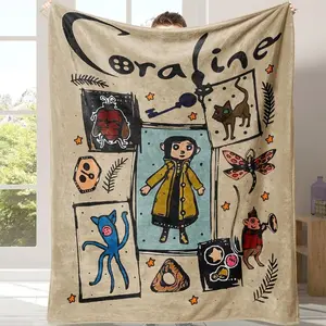 All-Season Polyester Knit Coraline Inspired Flannel Throw Blanket - Digital Print Cartoon Animal Collage, Contemporary Style, Multipurpose for Bed Couch Nap, Cozy Plush, Creative Gift Idea