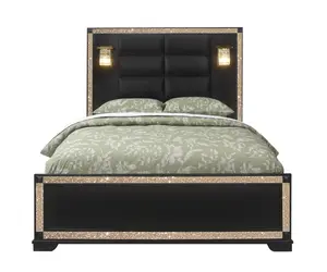 HomeRoots 564719 Black Faux Crystal Bling Wood & Upholstery Lighted Queen Size Bed Frame