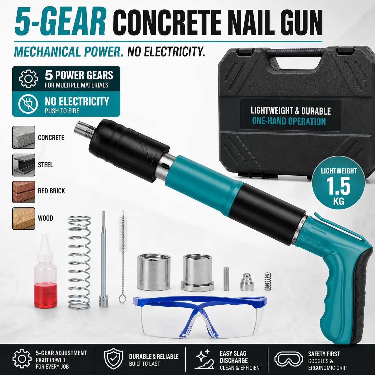 5-Gear Lightweight Concrete Nail Gun - Mechanical Non-Electric Wall Fastener, 1-Hand Operation for Concrete, Steel & Wood