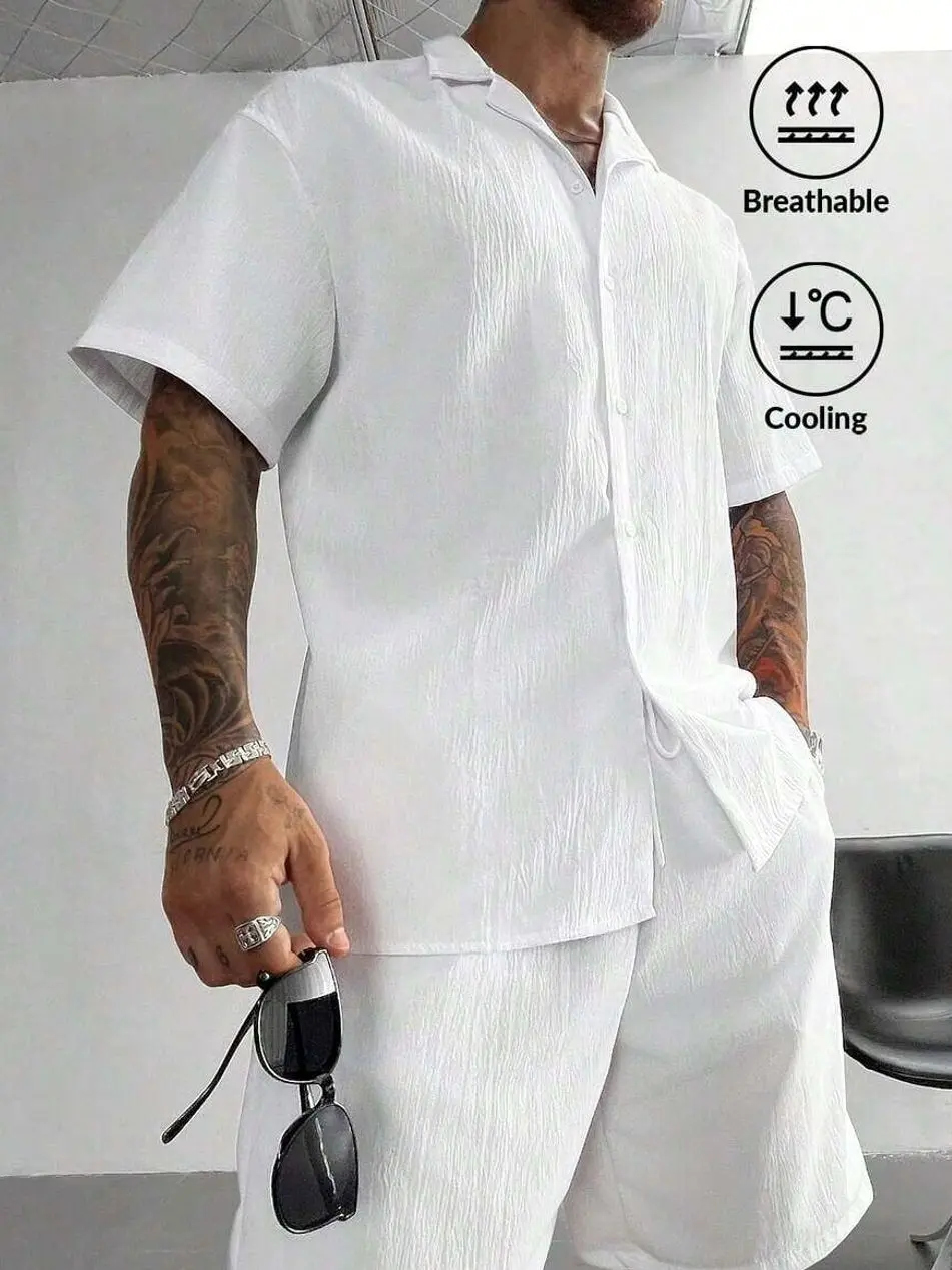 2pcs Men's Summer Set, Lightweight Breathable Cuban Linen Shirt And Drawstring Shorts Set, Vintage Gentleman Style Casual Beach Wedding Party Holiday Travel Outfit, Father's Day Gift For Husband, Dad, Boyfriend, Comfortable & Versatile