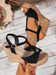 Women T Strap Cork Platform Wedge Sandals Strappy Sandal Open Toe Ankle Strap High Heel Sandals Comfortable Summer Walking Shoes Fashion Casual Beach Vacation Sandals