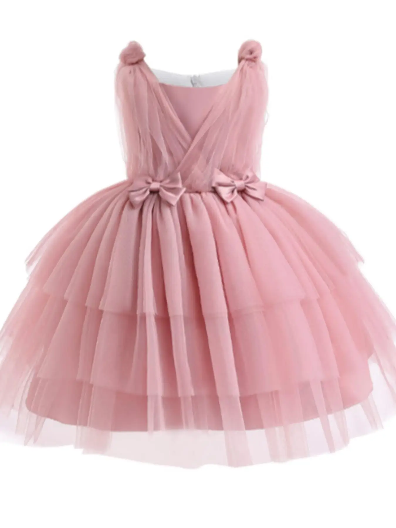 Girl's Flower Appliques Bow Front Tiered Layer Satin Dress, Elegant Sleeveless Zipper Back Fit & Flare Dress for Party Wedding Guest, Kids Clothes for