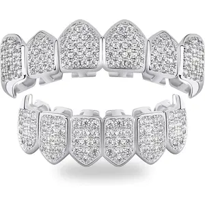 TOPGRILLZ Grillz Vampire Teeth - Grills for Your Teeth Grillz for Women Men 18K Gold-Plated Iced out CZ Fangs Hip Hop Rapper Costume Accessory Cosplay Extra Molding Bars