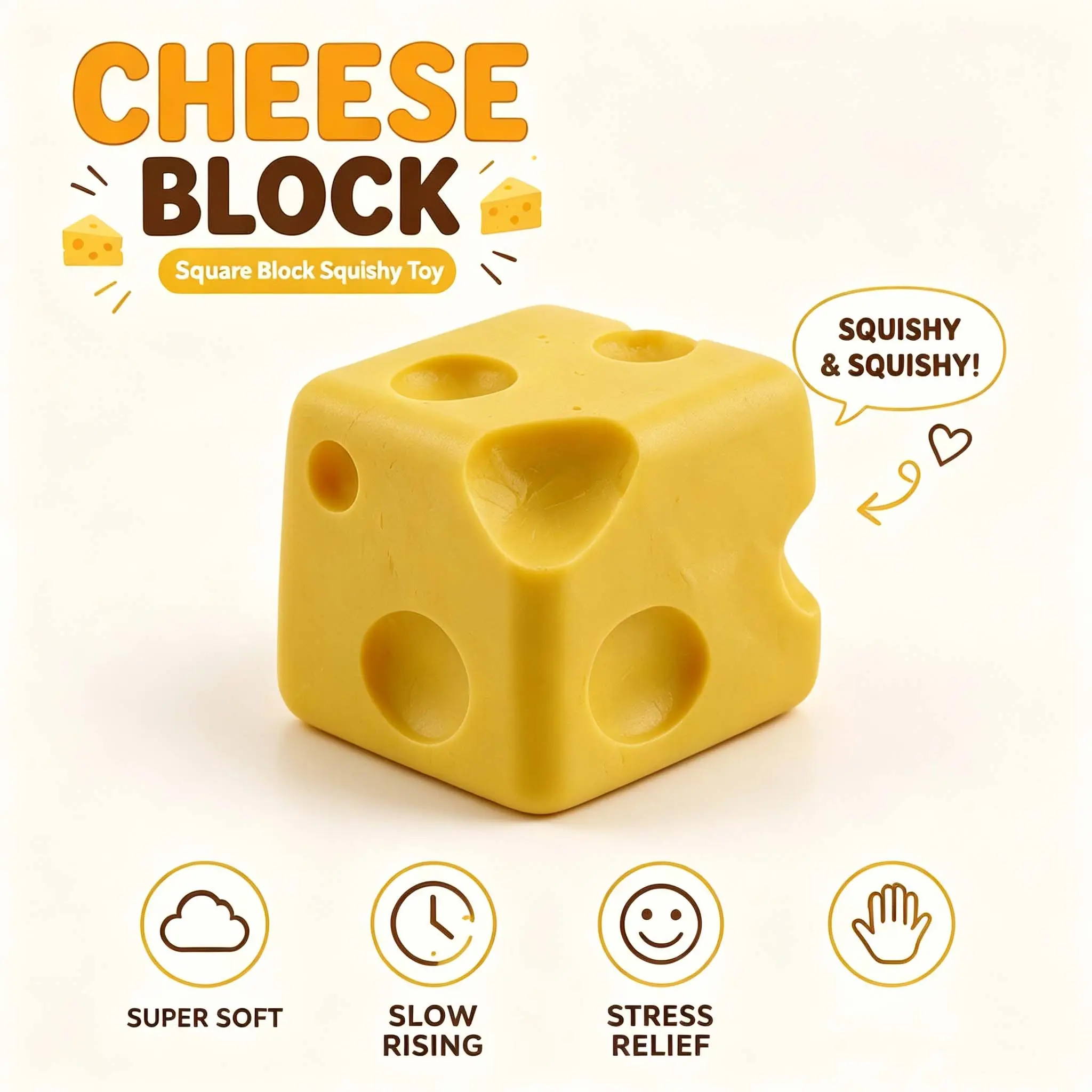 Cheese Block Squishy Toy, Cute Cheese Stress Relief Fidget Toy, Soft Slow Rising Squeeze Toy, Kawaii Gift for Kids & Adults