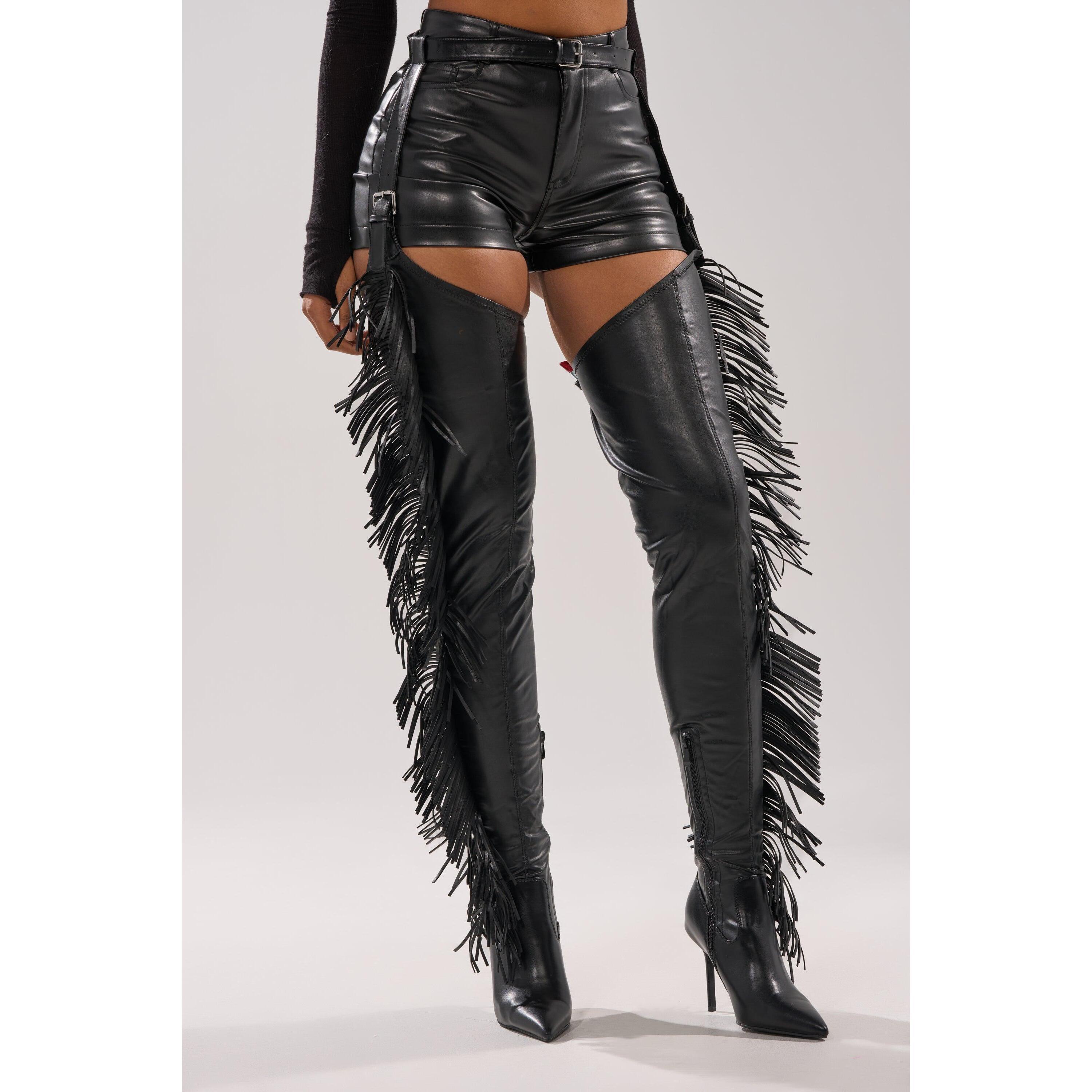 AZALEA WANG KATRICE BLACK STILETTO WESTERN FRINGE CHAP BOOT