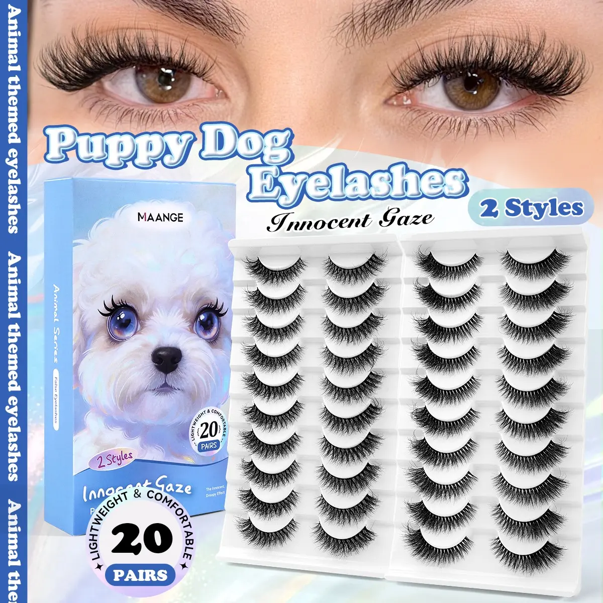 MAANGE 20 Pairs Puppy Dog False Lashes, C Curl Innocent Droopy Style, Lightweight & Comfortable, 2 Styles Mixed, Soft Lashes for Youthful Cute Makeup, Reusable Faux Mink Lashes