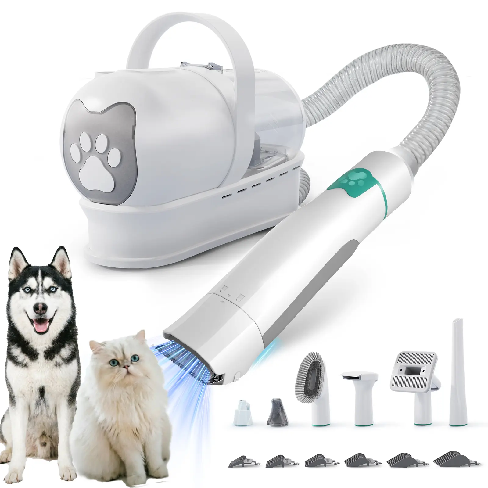 7 in 1 Dog & Cat Grooming Vacuum Set, Pet Hair Vacuum Groomer with Electric Clipper, Paw Trimmer, Nail Grinder, Nozzle Head, 6 Guide Combs