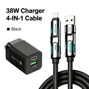 38W Dual Port Fast Charger Block with 4-in-1 Multi Charging Cable, PD QC 3.0 Fast Charging USB C Wall Charger, Universal Multi Device Charging Cord for iPhone, Android, Type C, All Cell Phones & Tablets