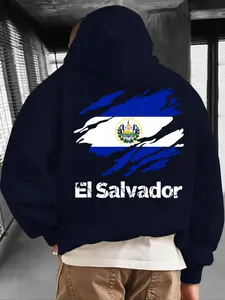 Men's El Salvador Print Zip Hoodie, Fall & Winter Casual Regular Fit Long Sleeve Sweatshirt, Fashion Daily Wear Clothing