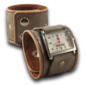Silver & White Leather Cuff Watch with Stitching and Snaps