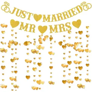 Just Married Party Decorations, Gold Glitter Just Married Mr & Mrs Banner with Heart Garland for Bridal Shower Engagement Wedding Party Decorations Supplies