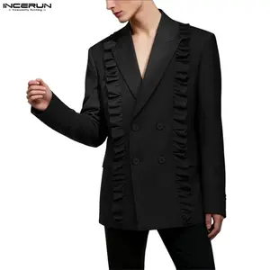 INCERUN Men's Classic Double-Breasted Gothic Long-Sleeve Ruffle Trim Fancy Suit Jacket, Formal Wear Menswear Clothes for Prom, Wedding