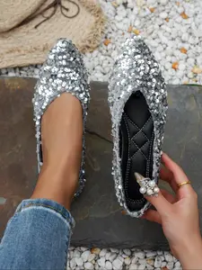 Women's Fashionable Glitter Design Slip on Flats, Casual Trendy Flat, Casual Comfortable Pointed Toe Flat Shoes for Daily Wear, Lightweight Breathable Shoes for Women & Girls, Running