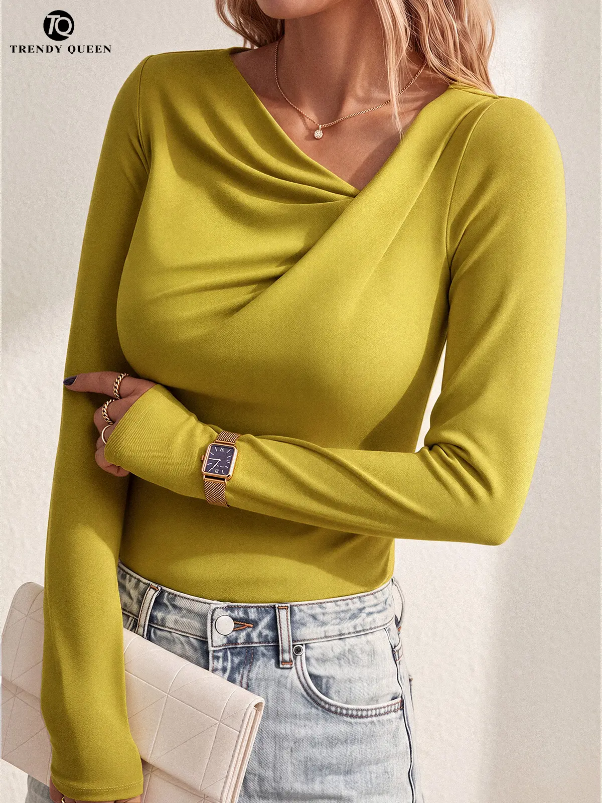 TRENDYQUEEN Women's Asymmetrical Cowl Neck Long Sleeve Stretchy Slim-Fit Ruched Knit Blouse for Daily & Night Out Elegant Outfits
