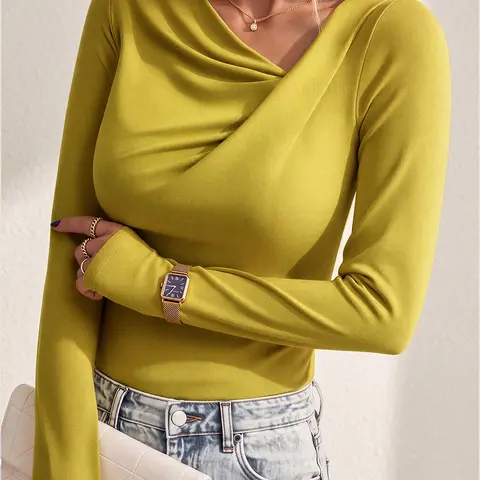 TRENDYQUEEN Women's Asymmetrical Cowl Neck Long Sleeve Stretchy Slim-Fit Ruched Knit Blouse for Daily & Night Out Elegant Outfits