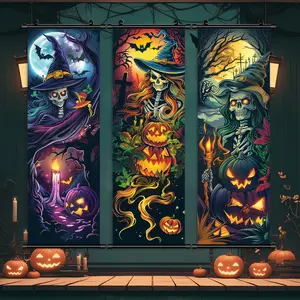 3 Counts Halloween Hanging Banner, Skeleton Witches Pumpkins, Halloween Mural And Decorative Posters, Fun Party Decorations, Horror Themes, Living Room, Bedroom, Home Posters, High Definition, Waterproof, Ideal Gifts