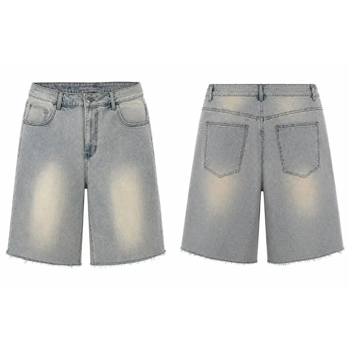 Men’s summer denim bermuda shorts, bleached finish, wide-leg casual versatile shorts