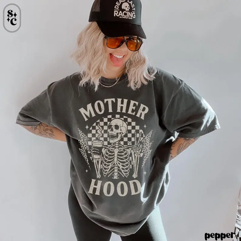 Comfort Colors Mother Hood Skeleton Shirt, Funny Mom Life Tee, Coffee & Chaos Comfort Colors T-Shirt - AG