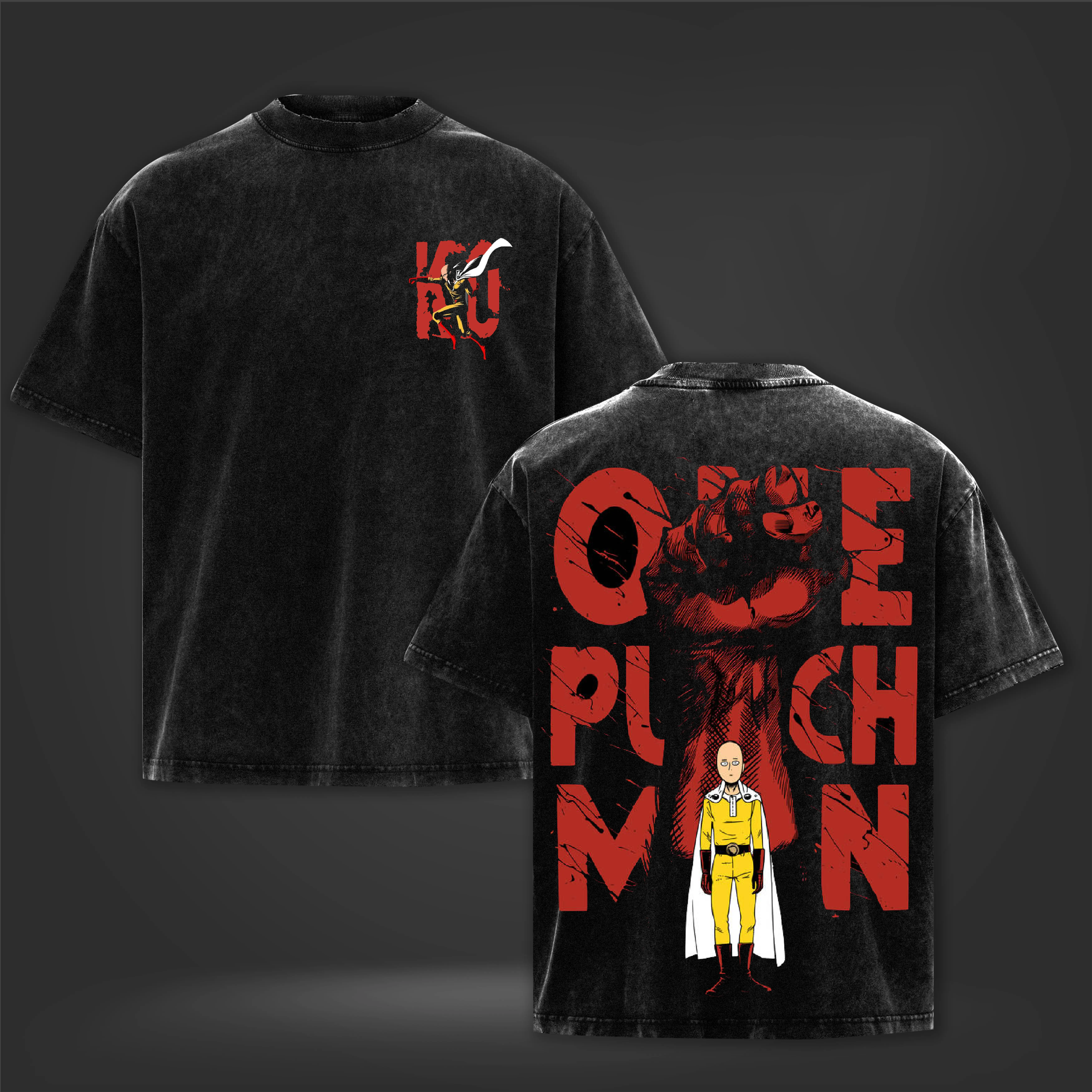One Punch Man Saitama Hero Anime Vintage Washed Black Oversized T-Shirt, Front and Back Graphic Tee