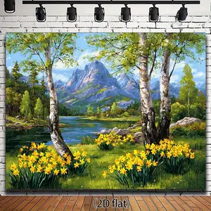 Summervibes Reusable Polyester 2D Flat Mountain Landscape Backdrop with Birch Trees, Yellow Daffodils, Serene Lake - 1pc Banners, No Electricity Needed, Ideal for Photography, Birthday Decor (Home & Festive Party Supplies)