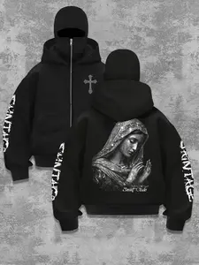 Men's Casual Hooded Sweatshirt, Cross Pattern Front, Silver Color Saint Print Back, Zip Design, Bottoms, Regular Fit, Street Style