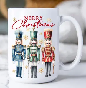 Merry Christmas Holiday Nutcrackers Coffee Mug 15 oz Drinkware Ceramic Reuse Colorful Reusable Washable Cup Classic Sturdy